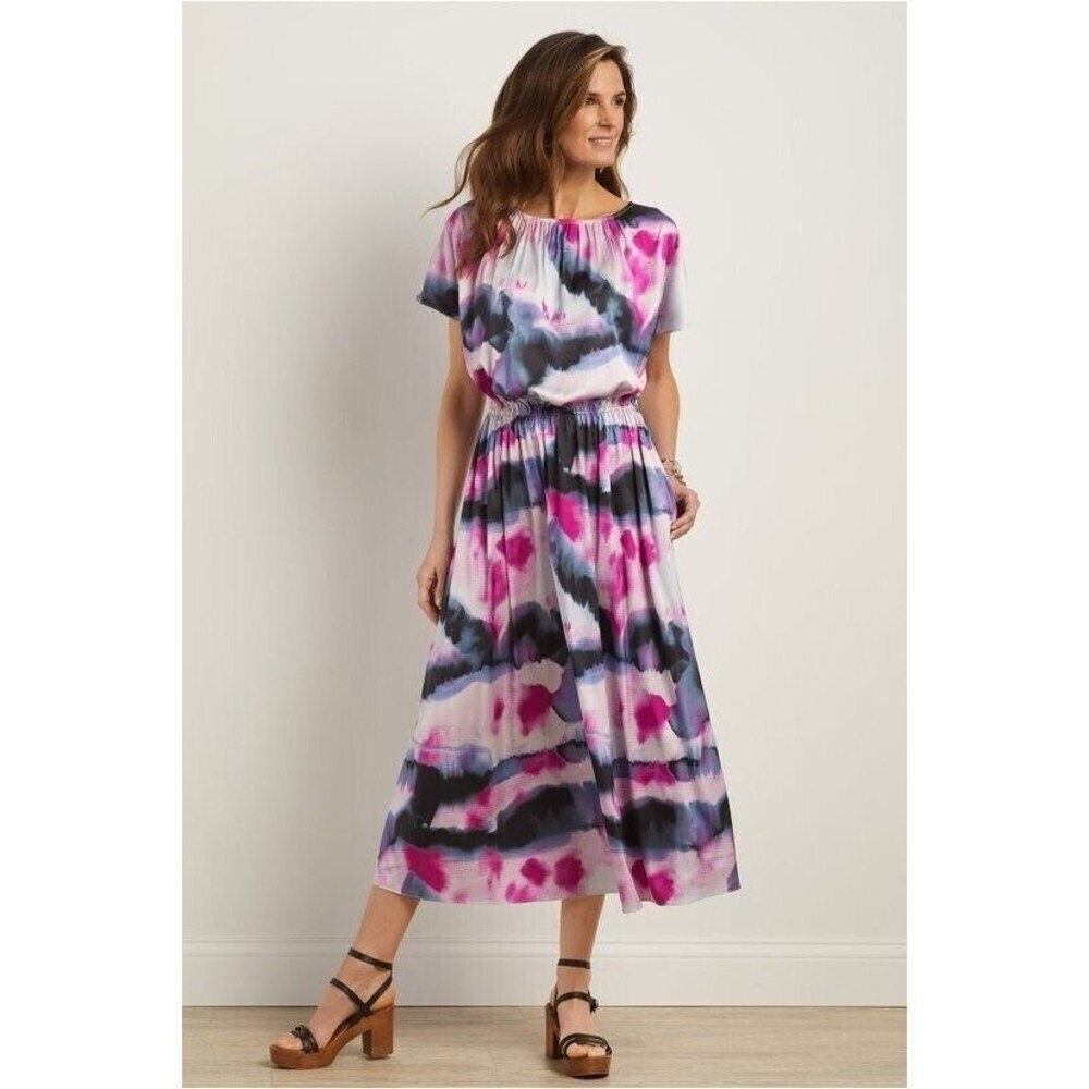 Soft Surroundings Pink, Purple and Black Watercolor Midi Dress